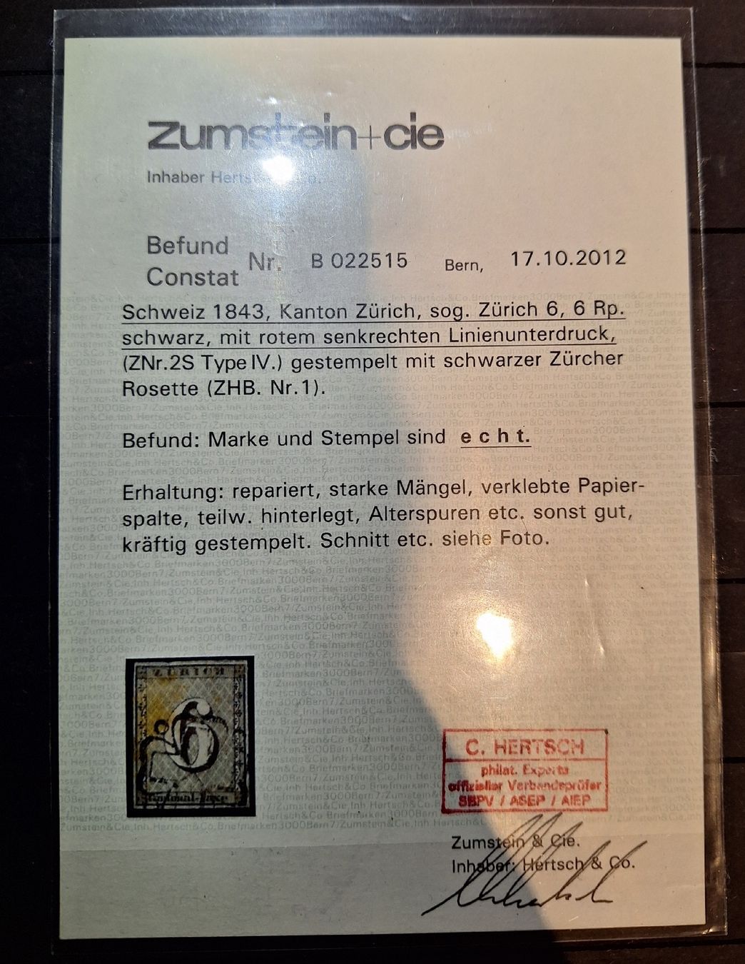 Tutti i francobolli: Zürich 6 2S mit Attest Kat. 2500.- – Usato da Balgach venduto da SIMEON27 2