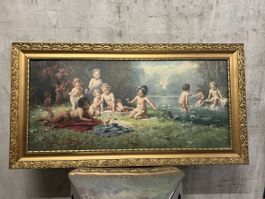 Gemälde Putten am Wasser Zababeri signiert gerahmt 125x60cm