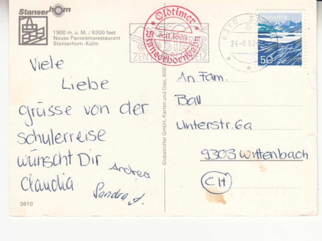 Ansichtskarten: Stanserhorn 1992 – Gebraucht aus Bürglen TG von StampGraf 1