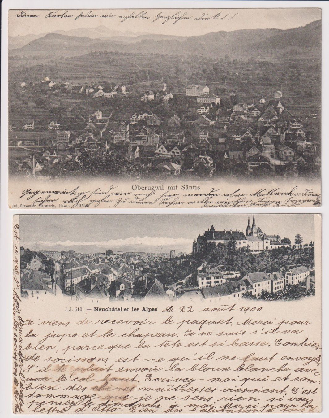 Cartoline postali: 2 alte Postkarten, Oberuzwil und Neuenburg – Usato da Bellach venduto da qsearch