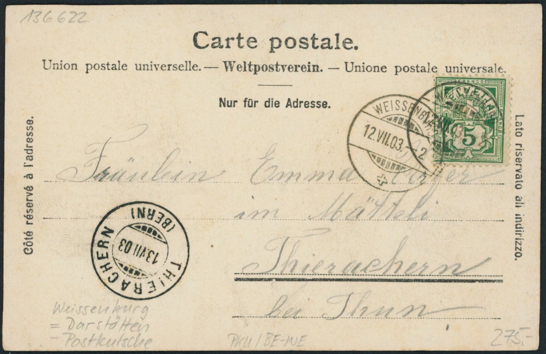 Cartoline postali: BE Weissenburg - Postkutsche - Därstetten – Usato da Schindellegi venduto da stationary 1
