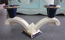Vintage Keramik Kerzenhalter, 2 Armig, beige blau goldfarben