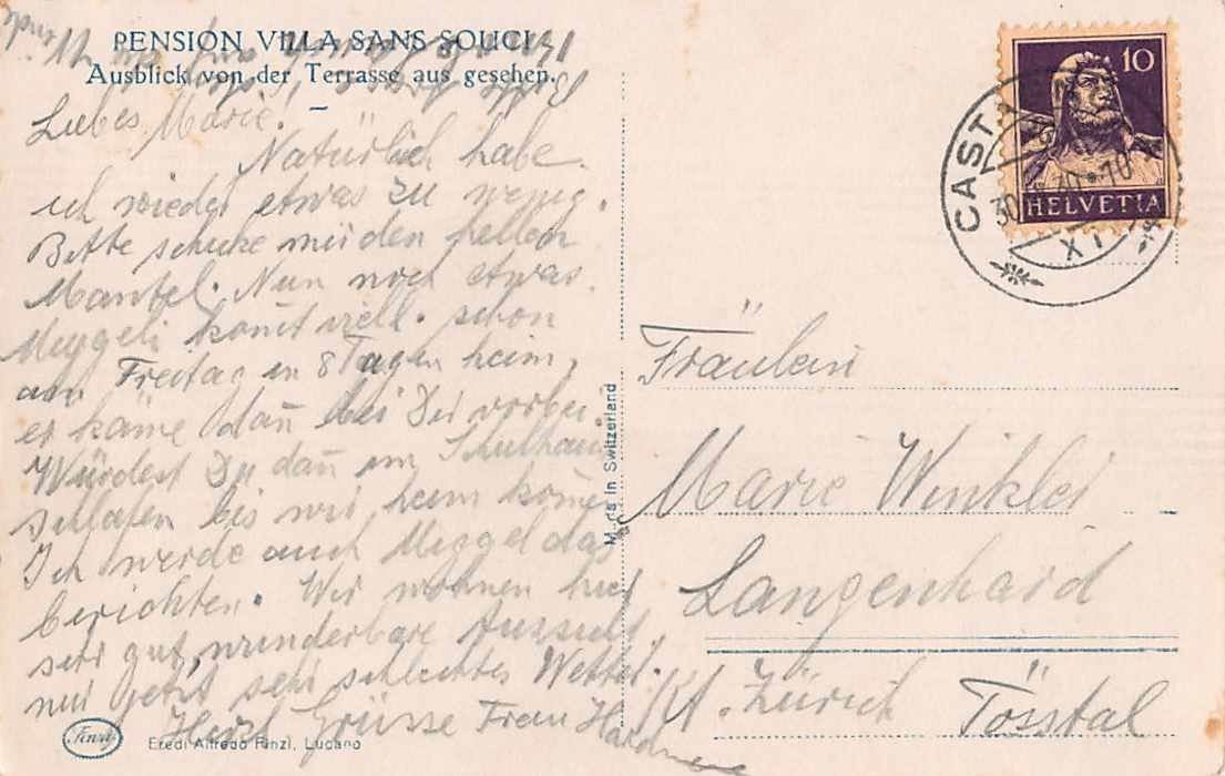 Cartoline postali: VILLA SANS SOUCIS CASTAGNOLA – Usato da Winterthur venduto da SchatzchischtliWinti 1