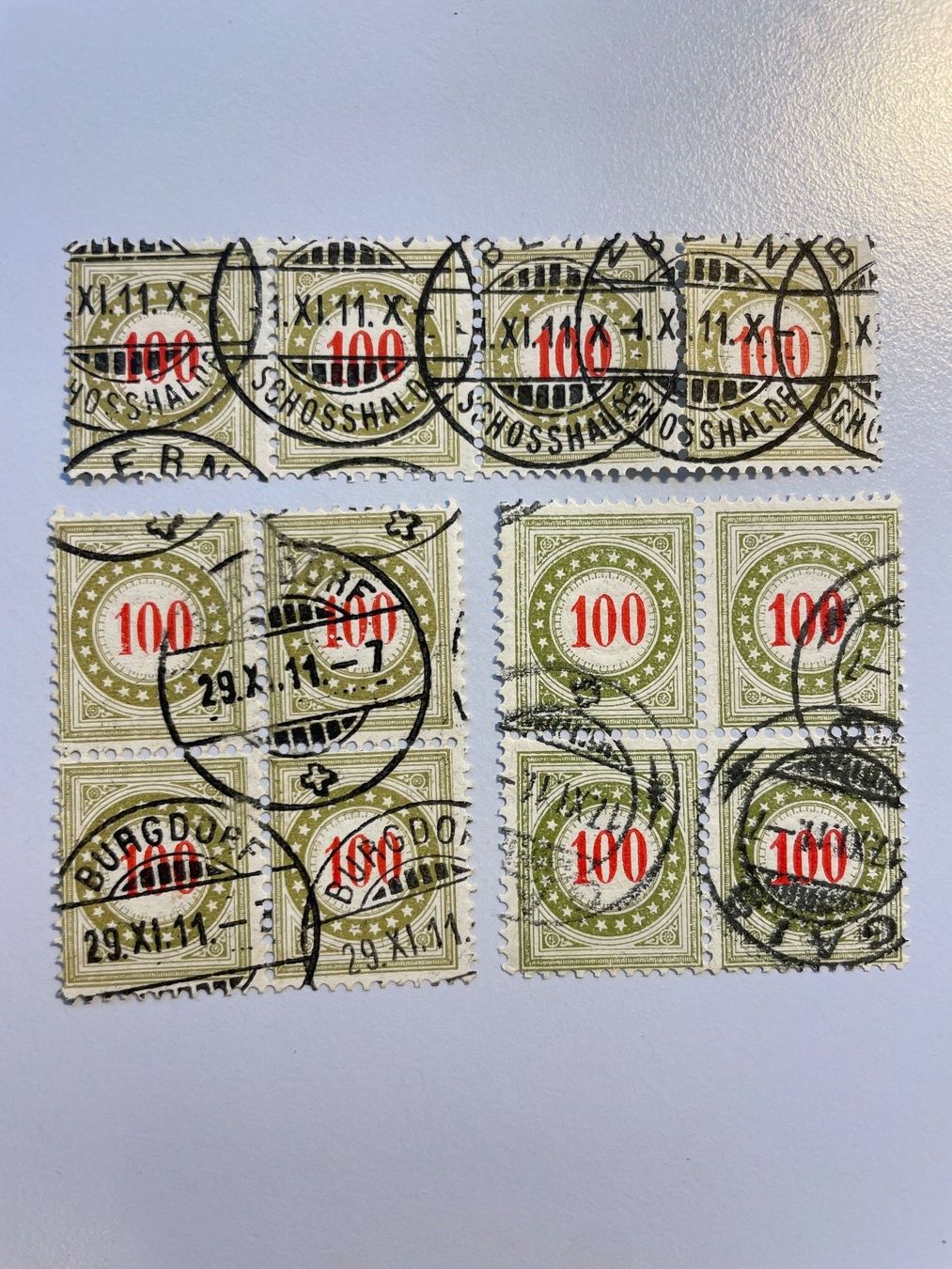 Alle Briefmarken: 1911 Portomarken "100", Viererblock – Gebraucht aus Küssnacht am Rigi von POSTOMASTER