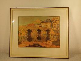Gerahmtes Bild, Brücke über Fluss, signiert WESTERMANN (49)