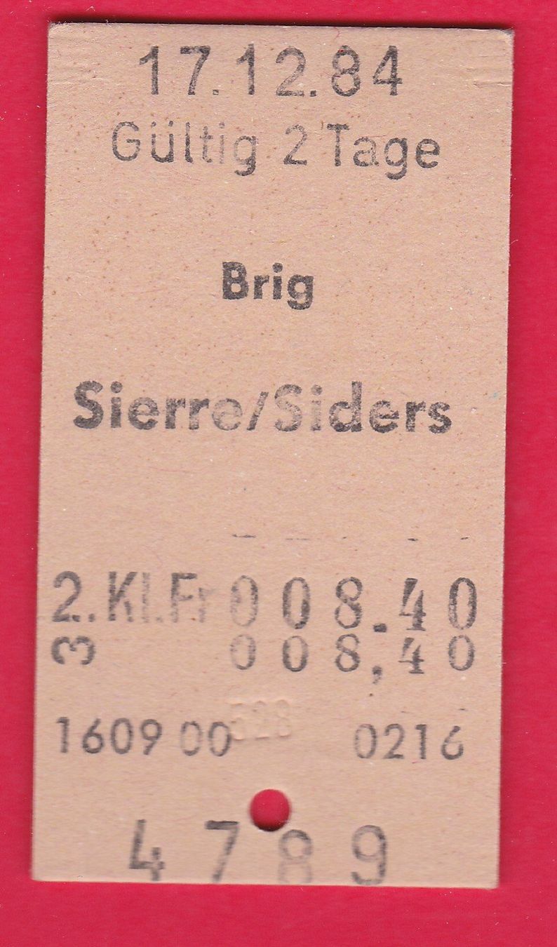 Biglietti: KARTON BILLETT, BRIG - SIERRE/SIDERS, 2.KLASSE, EINFACH – Usato da Oberrieden venduto da Gebirgsstelze