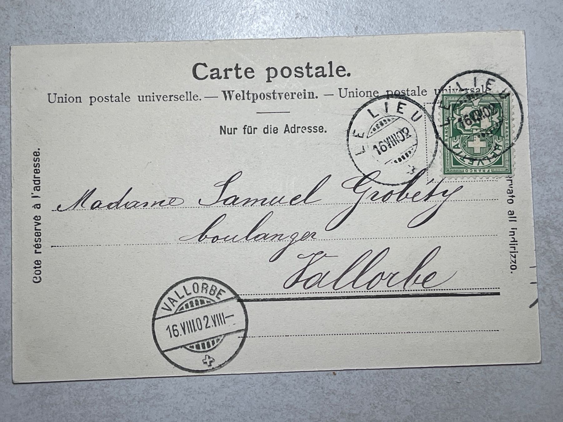 Cartoline postali: Le Lieu, Vaud, Schweiz, 1902 – Usato da Strengelbach venduto da Aschatan5 1