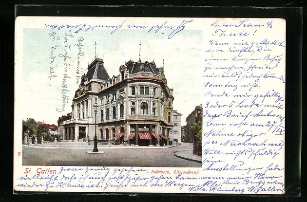 Cartoline postali: AK St. Gallen, Schweizer Unionbank, 1903 – Usato da Berlin venduto da bartko-reher