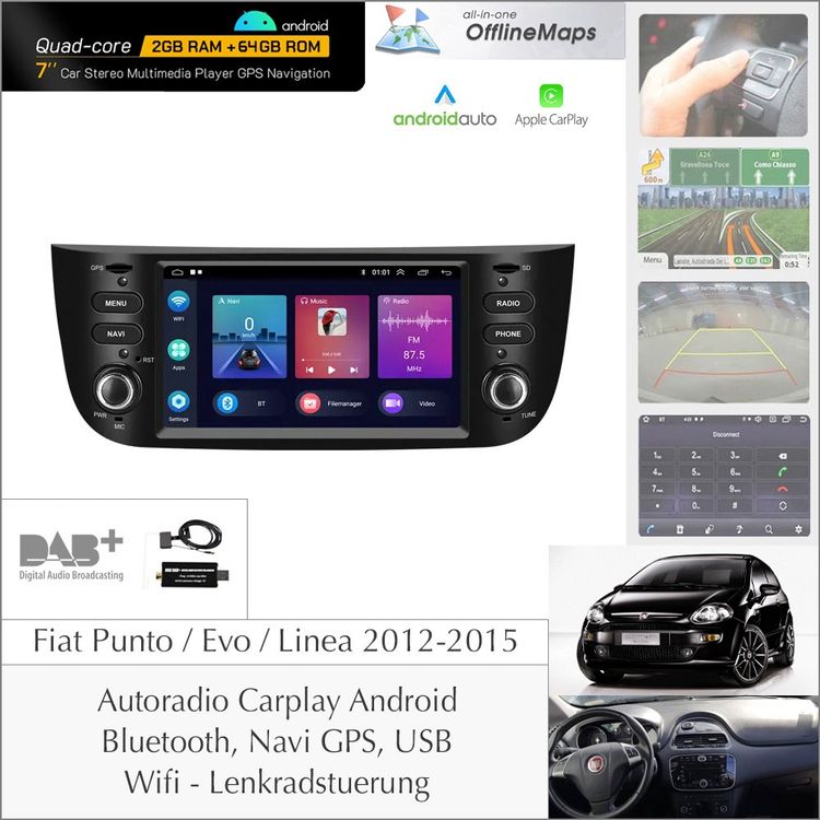 Navigation pour Fiat Punto Evo, Carplay, Android, DAB, Bluetooth