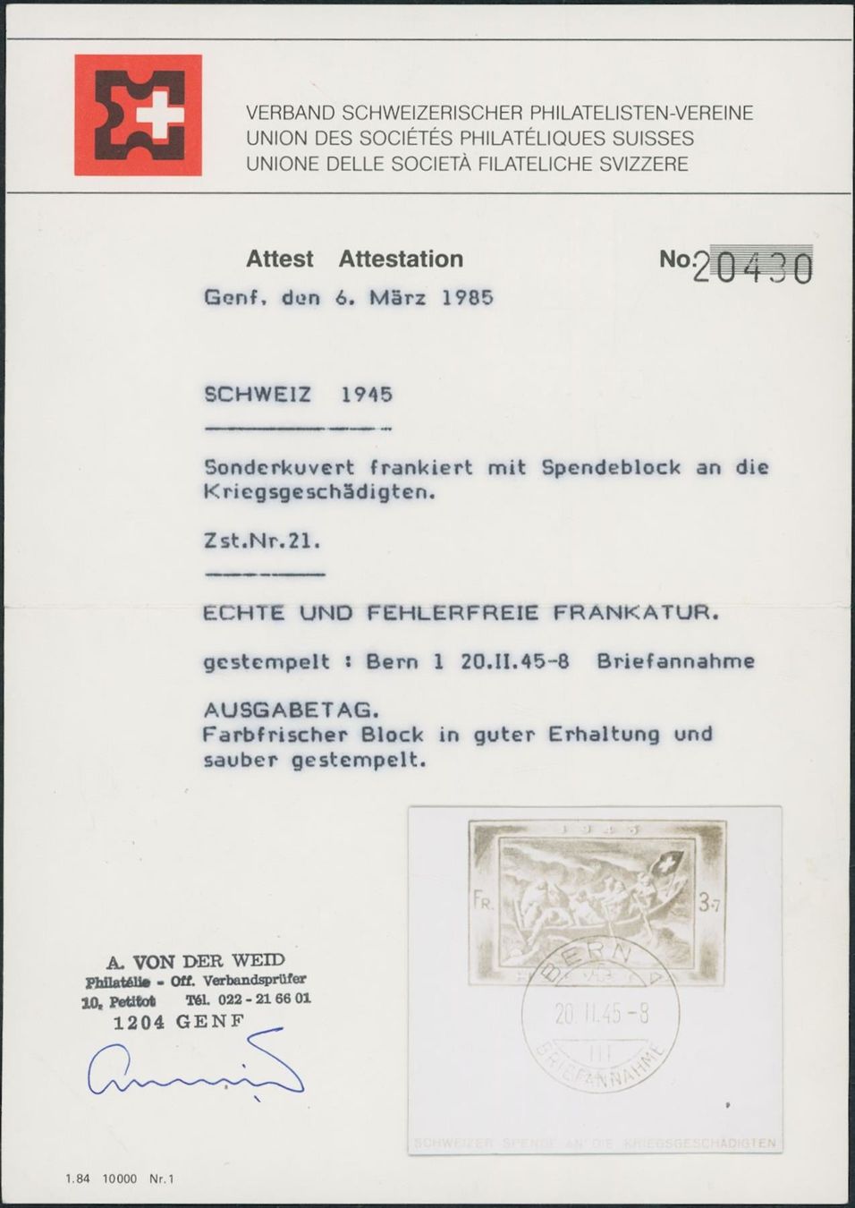 Alle Briefmarken: 1945 - Spende - Block - FDC ET – Gebraucht aus Schindellegi von leecollect 2