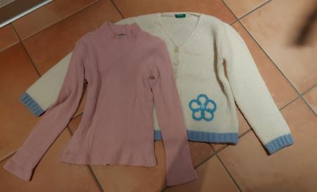 Adorable Cardigan Benetton + Haut rose, Taille 6 ans