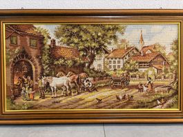 97cmbreitx55cmhoch Handstickerei Wandbild Gobelin Dorfszene
