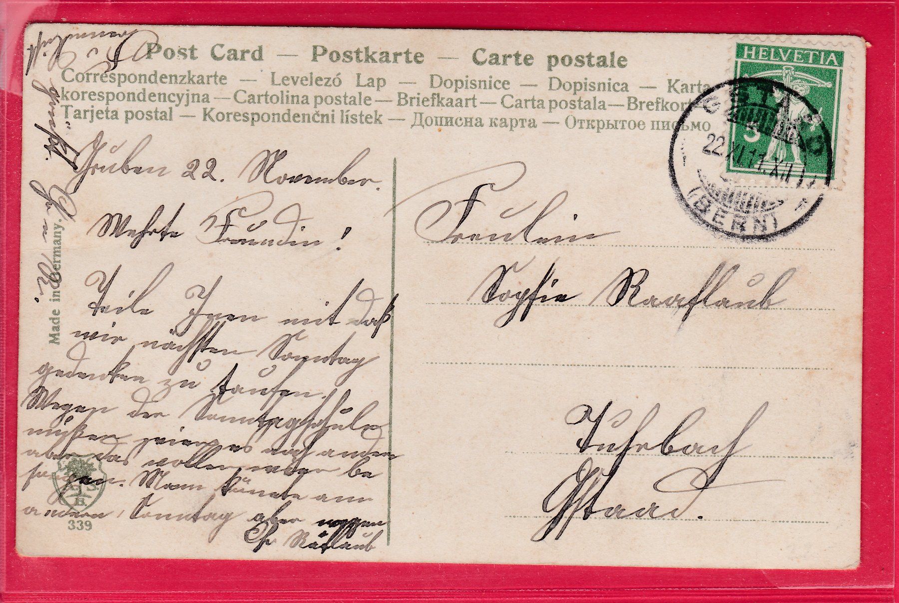 Cartoline postali: UNSCHULD, 22.9.1911 – Usato da Oberrieden venduto da Gebirgsstelze 1