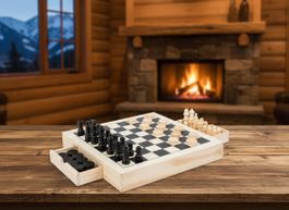 Kit de jeux Echecs, dames & jeu du moulin en bois / NEUF