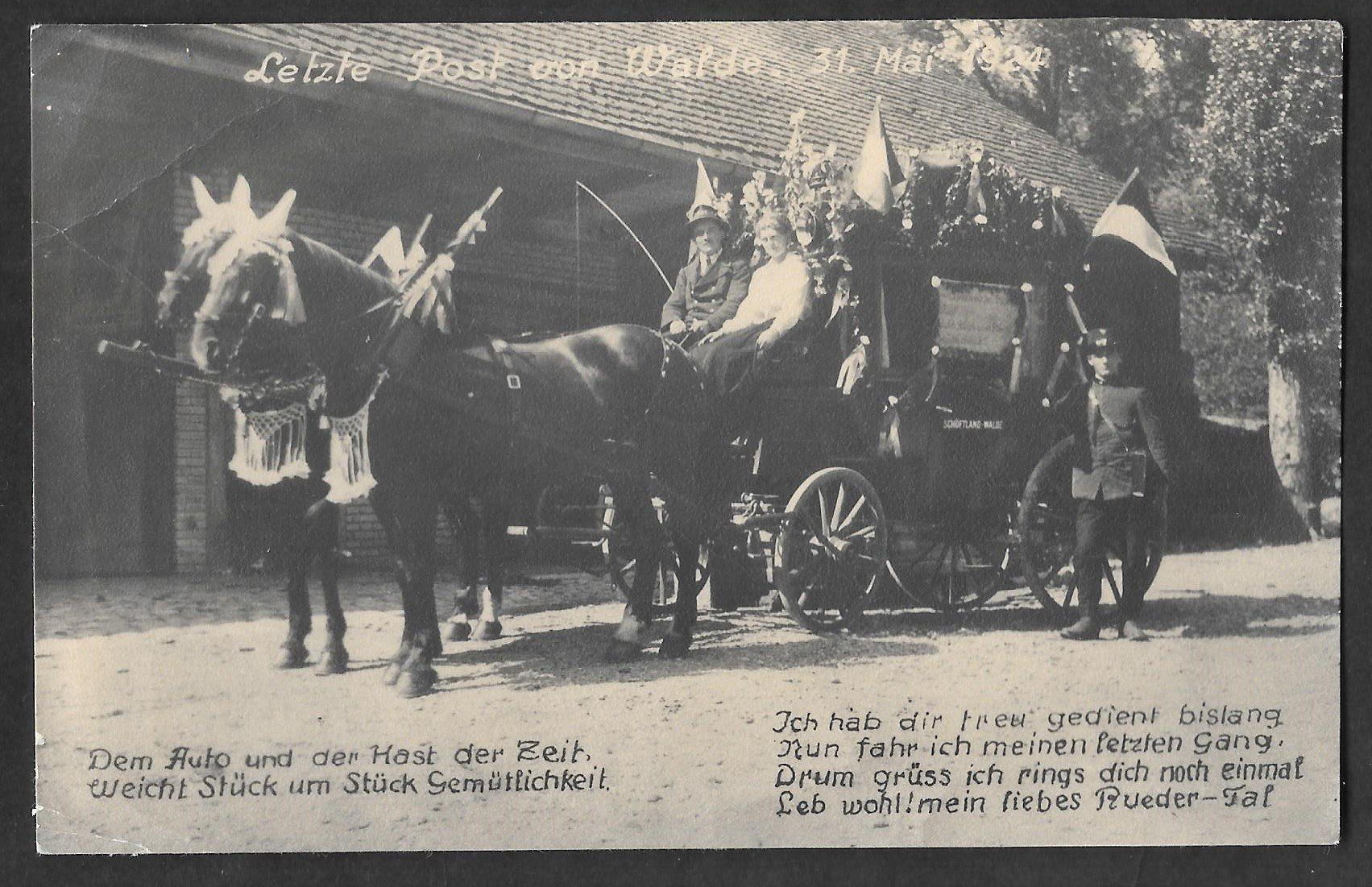Cartoline postali: Letzte Post von Walde 31.5.1924 grosse Postkutsche – Usato da Olten venduto da clotaldi