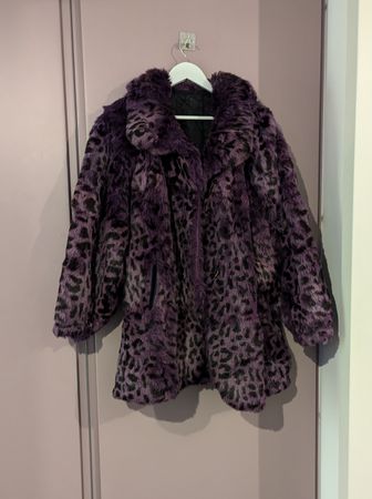 Vintage Purple Leopard Print Oversized Genuine Fur Coat