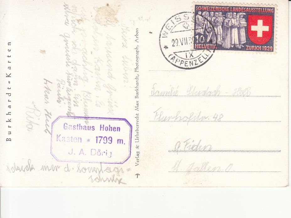 Cartoline postali: Hoher Kasten 1939 – Usato da Bürglen TG venduto da StampGraf 1