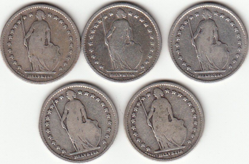 Tutti le monete: Lot -- 5 x 1 Franken 1900 – Usato da Gossau SG venduto da Gallus00 1