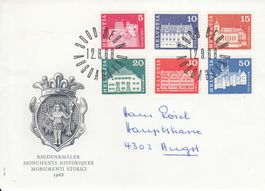 12.09.1968  2 FDC Baudenkmäler Samedan Neuenburg Pruntrut ++