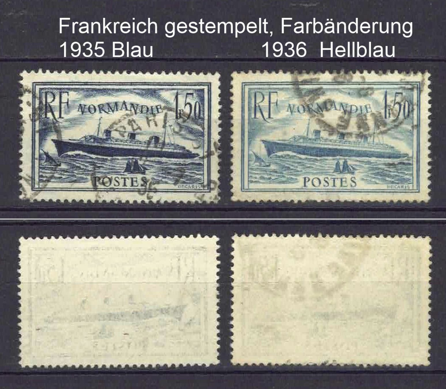 Alle Briefmarken: Frankreich 1935 blau u 1936 hellblau, gest – Gebraucht aus Basel von Pfefferschootte