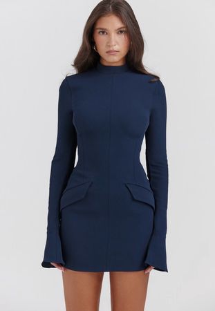 Marineblaues Kleid mit Trompetenärmeln Gr.S