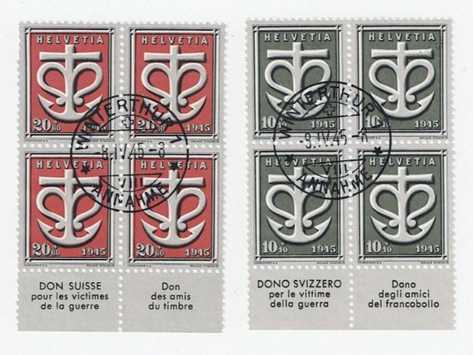 Tutti i francobolli: CH, Spende 1945, 4er-Block, Winterthur 8.4.1945 – Usato da Hinteregg venduto da McCharly01