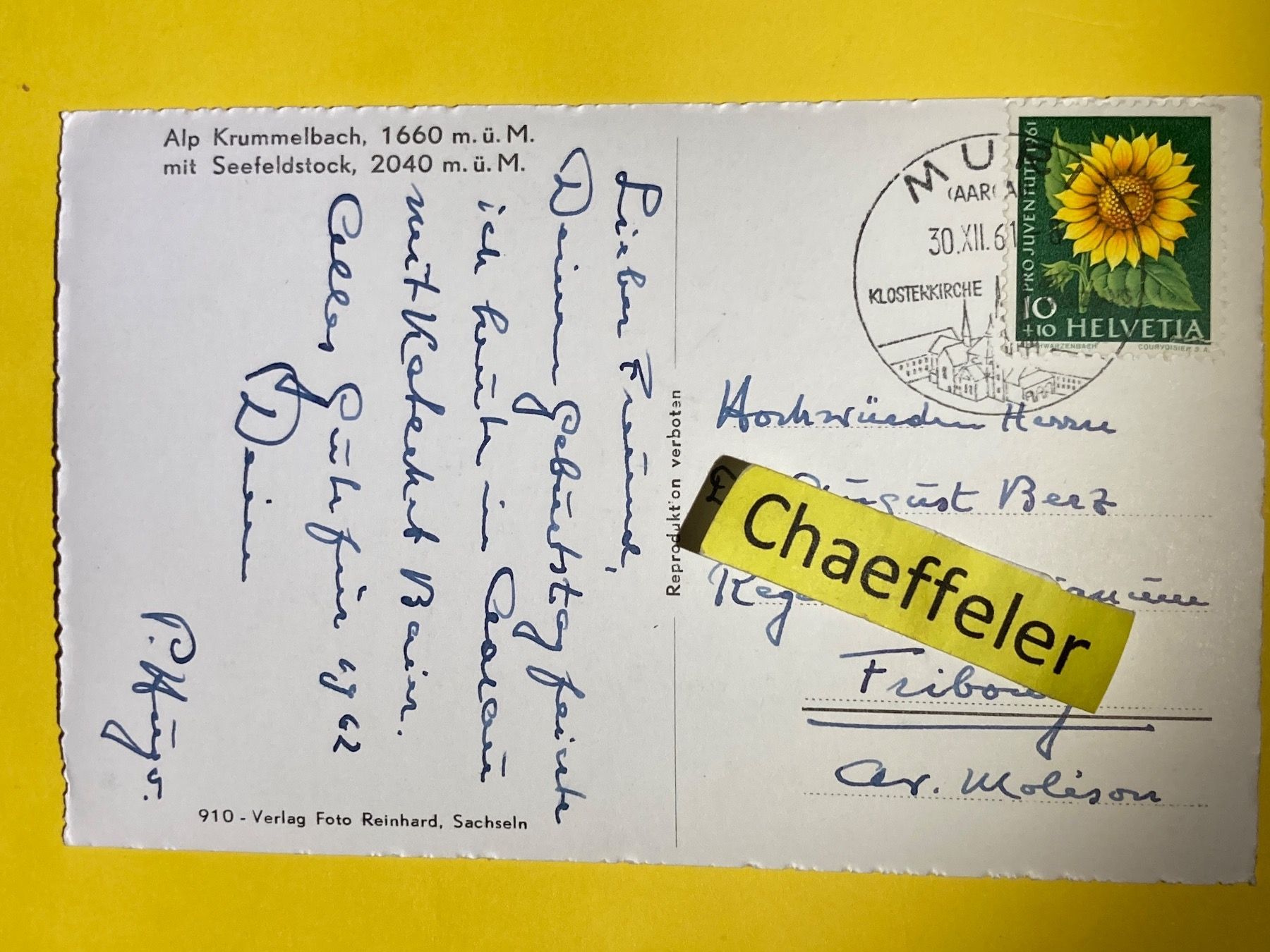 Ansichtskarten: 1961 Alp Krummelbach, mit Seefeldstock – Gebraucht aus Zürich von Chaeffeler 1