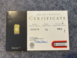 Goldbarren UBS 1g 999.9 Feingold mit Zertifikat