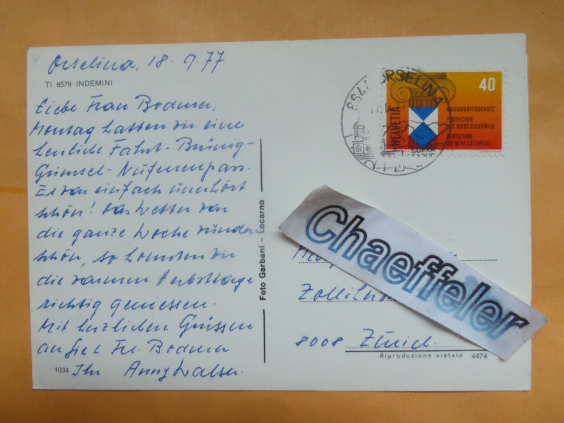 Cartoline postali: 1977   TI  6579 Indemini – Usato da Zürich venduto da Chaeffeler 1