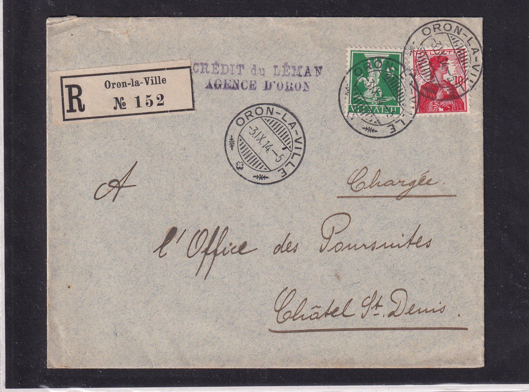 Tutti i francobolli: Recommandé - Crédit du Léman - Oron - 1914 – Usato da Orvin venduto da Pyaeschli