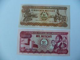 Moçambique Banknoten, 50 und 1000 Meticais, Jahrgang 1980/86
