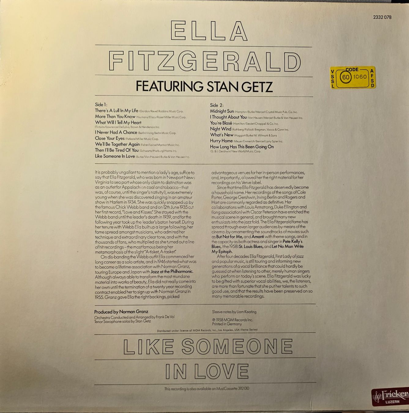 Schallplatten: Ella Fitzgerald - Like Someone In Love – Gebraucht aus Wahlen b. Laufen von Cg10 1