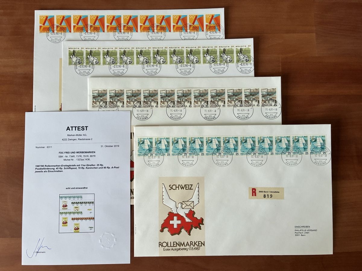 Tutti i francobolli: 4 Rollenmarken-Ersttagsbriefe, 11er-Streifen – Usato da Basel venduto da luginbhl1431 1