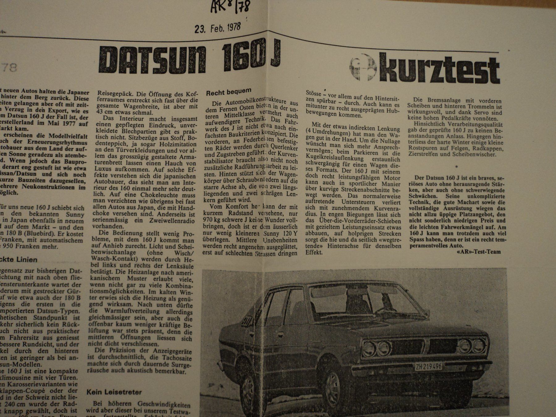 Datsun Documenti: Prospekt Test AR Datsun 160J von 1978 – Usato da Schwarzenburg venduto da modelCARama 2