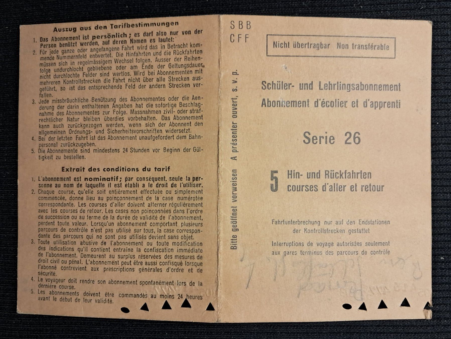 Billets: SCHULER - LEHRLINGSABONNEMENT SBB - CFF - 1949 – D'occasion à Ponto Valentino par giorgia06 2