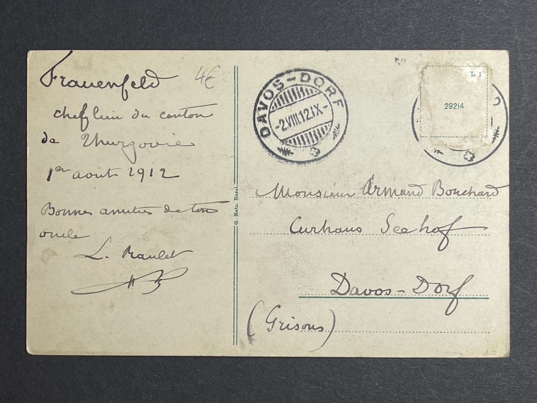 Cartoline postali: Frauenfeld - Ankunftstempel Davos-Dorf 1912 – Usato da Steg VS venduto da danwer74 1