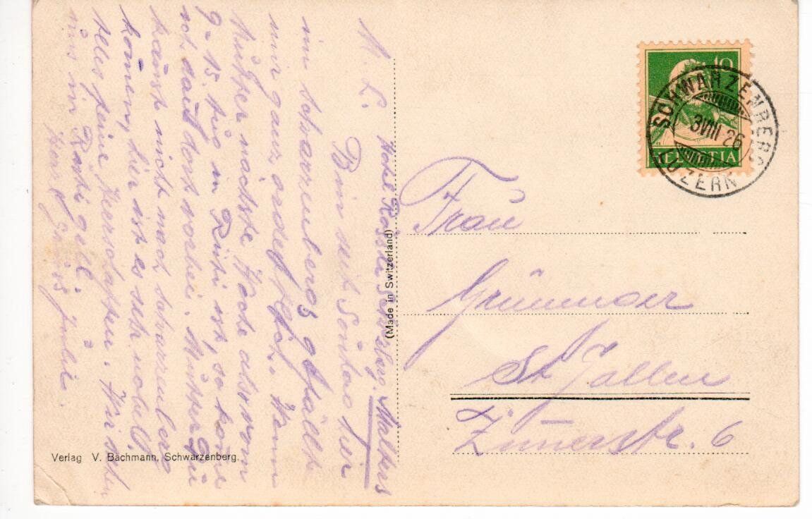 Ansichtskarten: Schwarzenberg 1926 – Gebraucht aus Wolhusen von Curver9 1