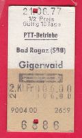 KARTON BILLETT, PTT, BAD RAGAZ - GIGERWAID, 2.KLASSE, RETOUR