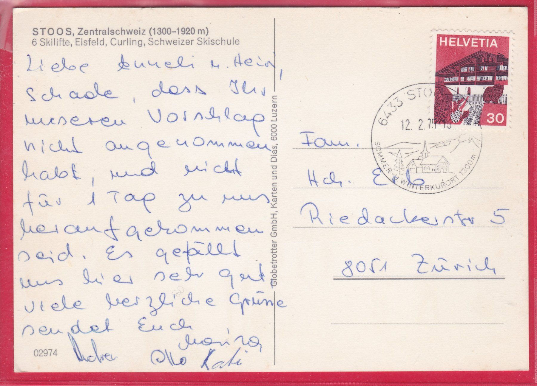 Ansichtskarten: STOOS, 12.2.1975 – Gebraucht aus Oberrieden von Gebirgsstelze 1