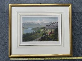 Antiker Stich Rigi Kaltbad mit alter Lokomotive
