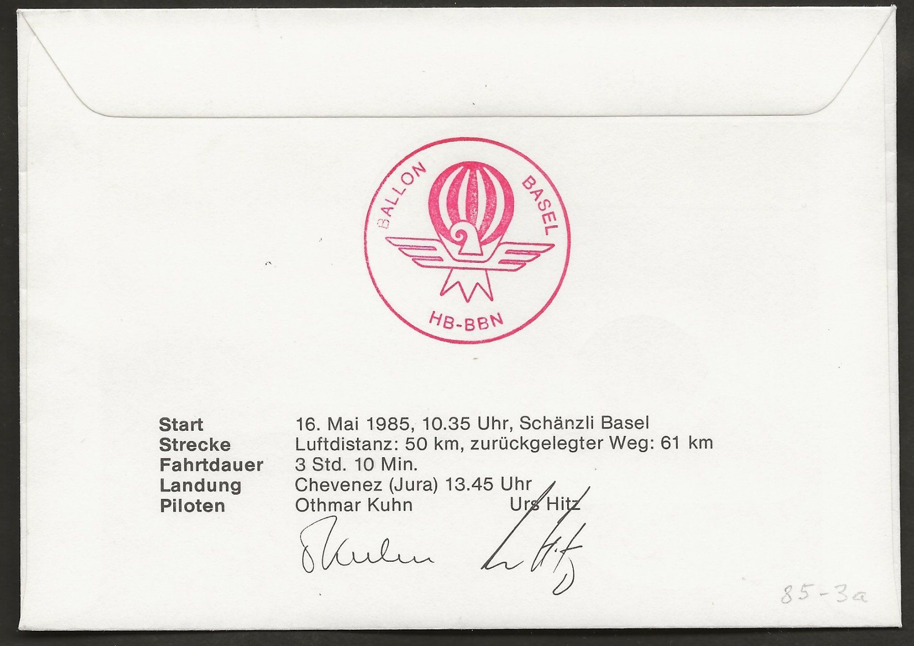 Tutti i francobolli: Ballon Schweiz 1985 Basel Chevenez Luftpost – Usato da Au ZH venduto da xelagreb01 1