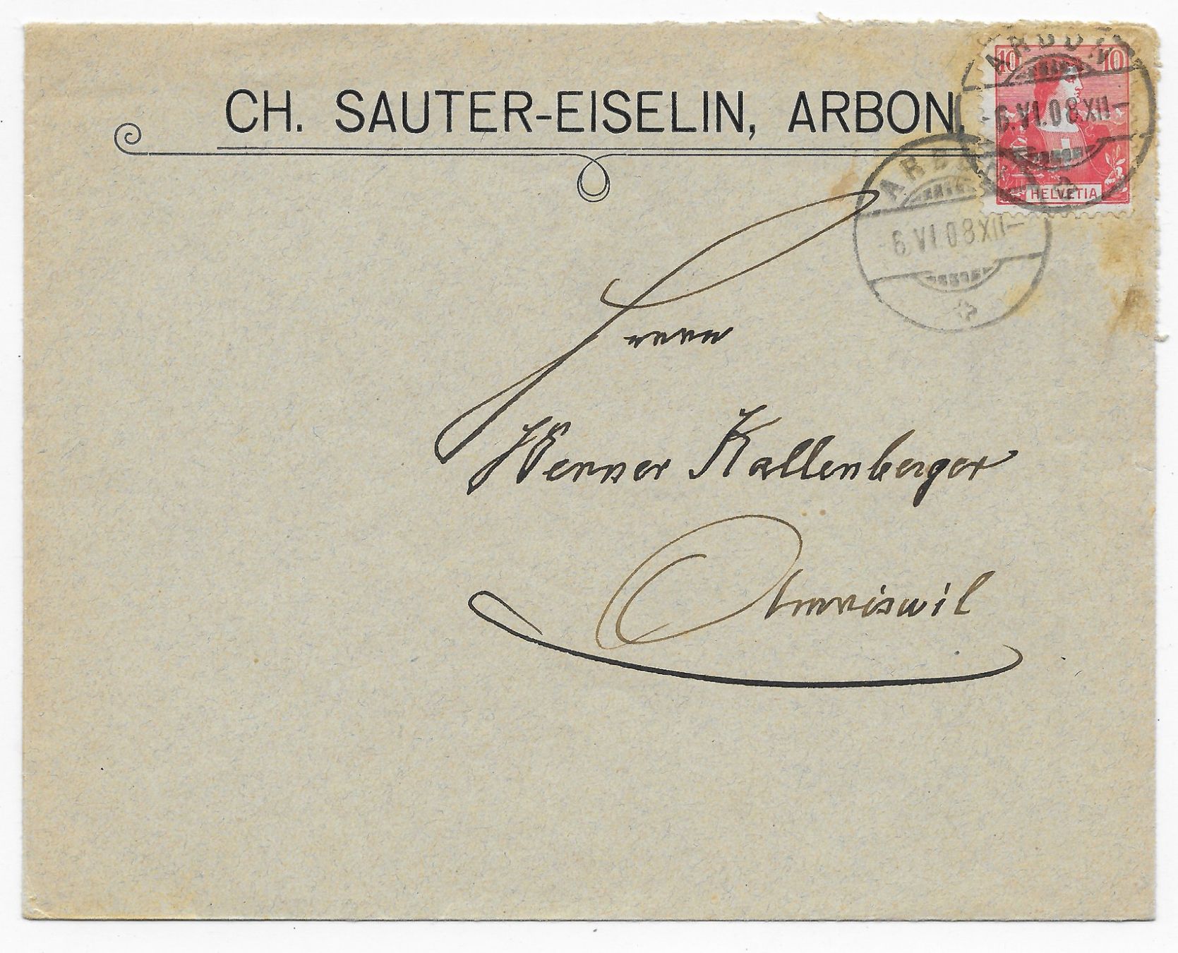 Tutti i francobolli: CH.Sauter-Eiselin, Arbon, Brief nach Amriswil 1908 – Usato da Hefenhofen venduto da Richsalz