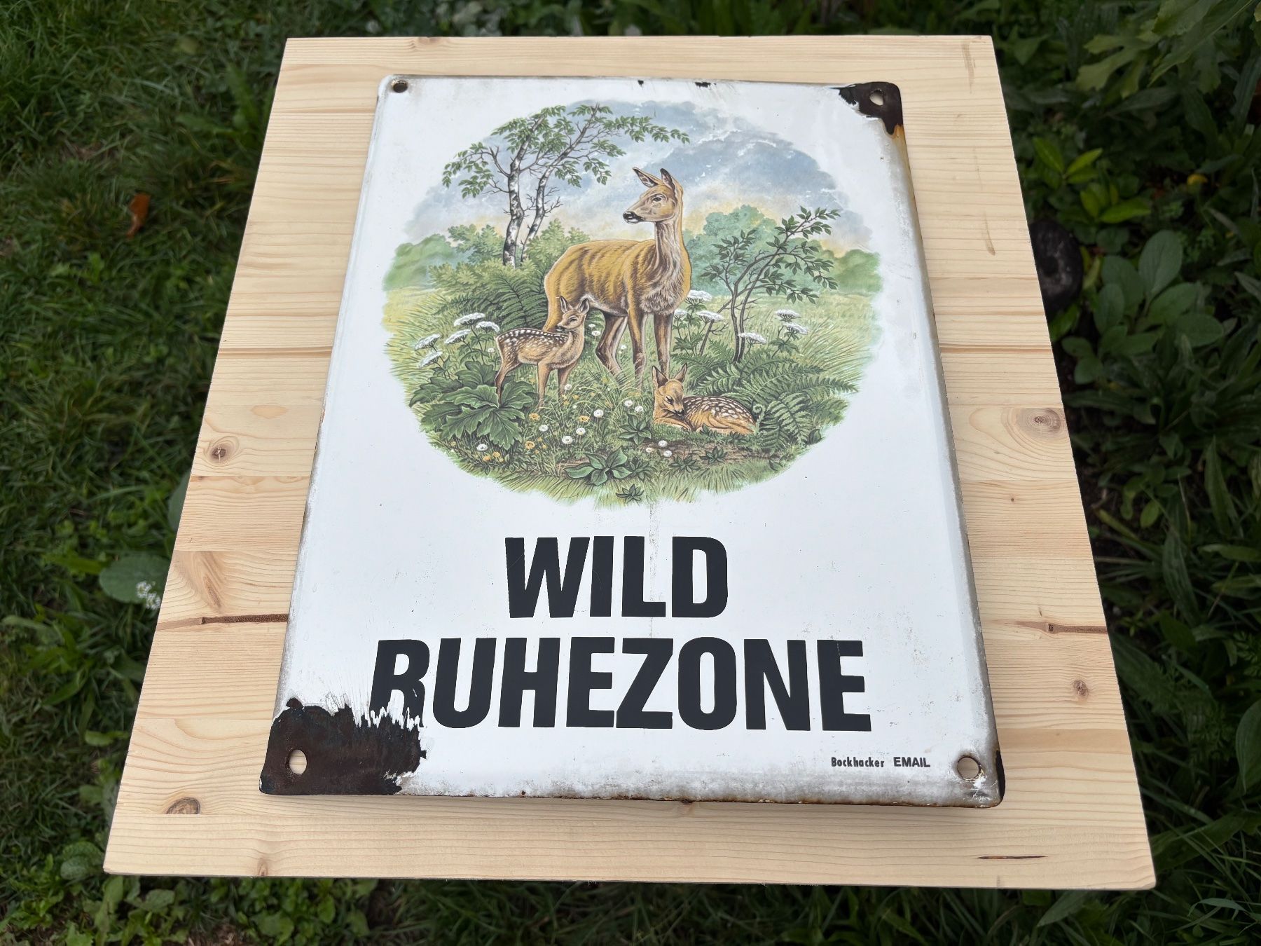 Insegne: seltenes altes Bockhacker Emailschild Wild Ruhezone – Usato da Feldbach venduto da Olive1