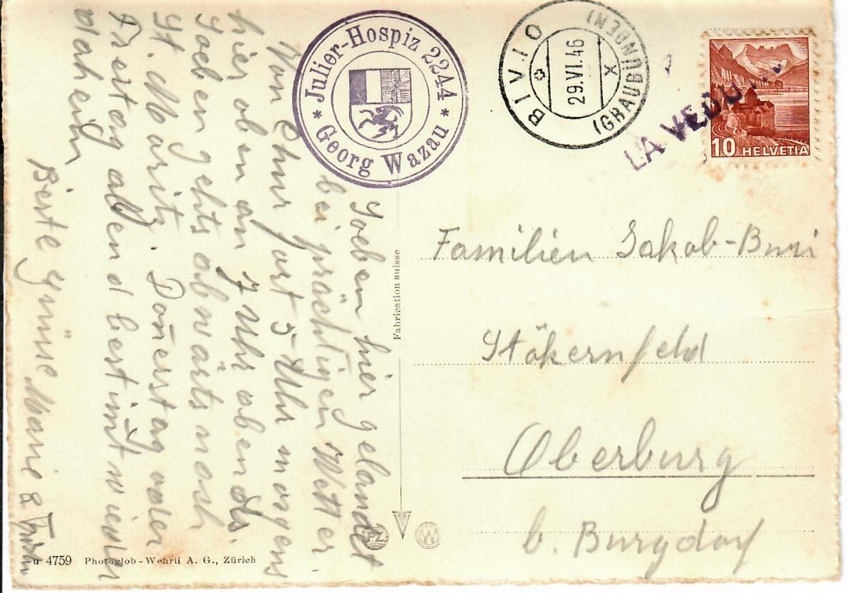 Cartoline postali: Julier Hospiz  1946 – Usato da Hochdorf venduto da Ziegel-16 1