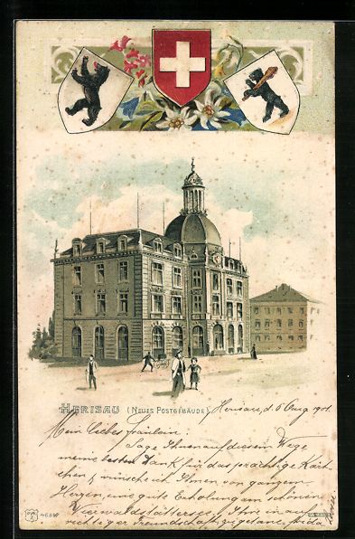 Cartes postales: Litho Herisau, Blick zum neuen Postgeb – D'occasion à Berlin par bartko-reher