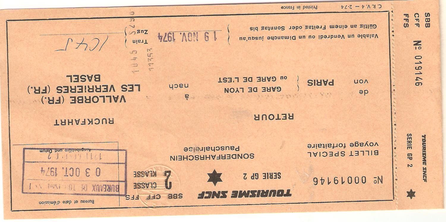 Biglietti: Billett Basel - Paris, 1974 – Nuovo (secondo la descrizione) da Richterswil venduto da solalex 2