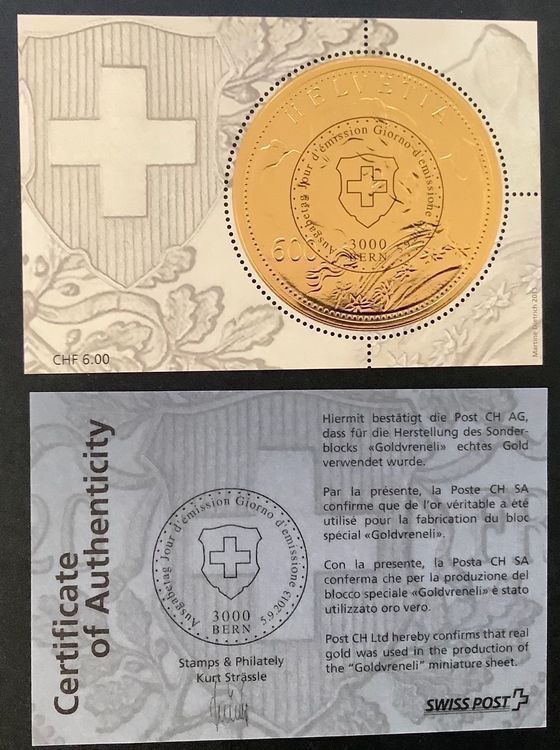Alle Briefmarken: 2013 Block Goldvreneli ET Vollstempel – Neu (gemäss Beschreibung) aus Liestal von Pep3