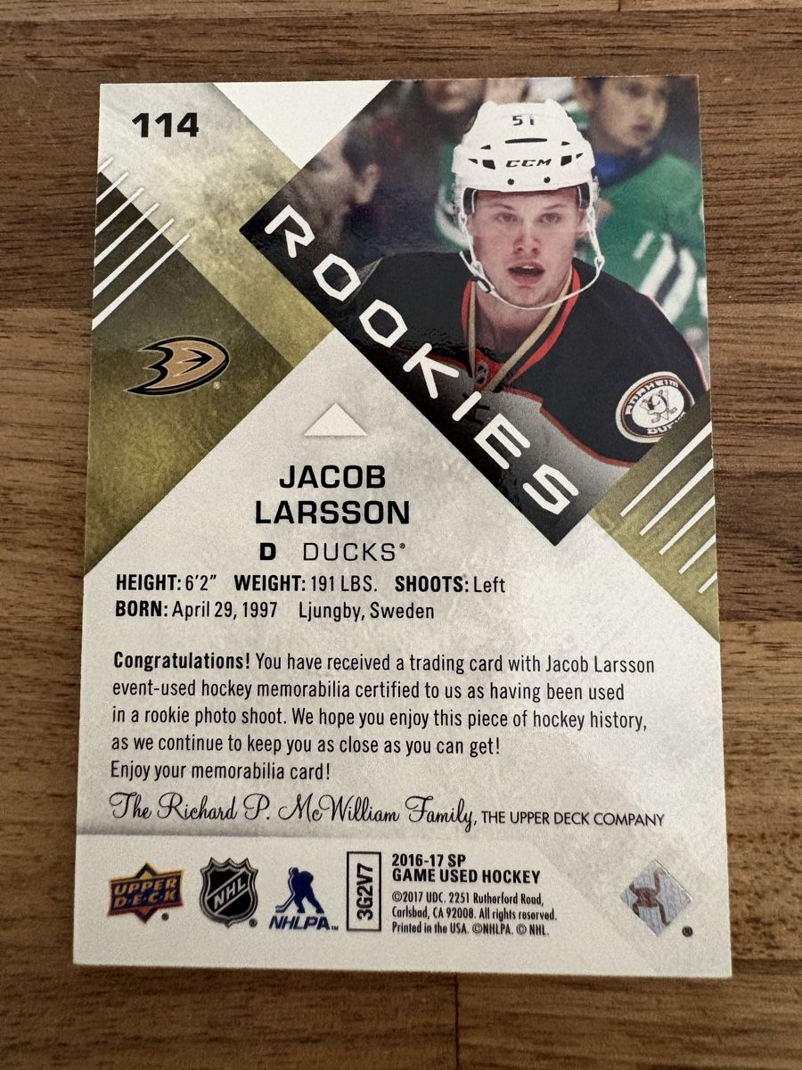 NHL Carte collezionabili: Game Jersey Card Jacob Larsson – Nuovo (secondo la descrizione) da Uttigen venduto da Brainbug 1