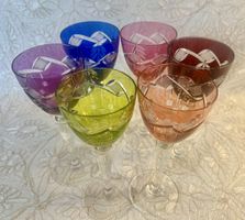 6 verres à vin cristal taillé, double couches, multicolore