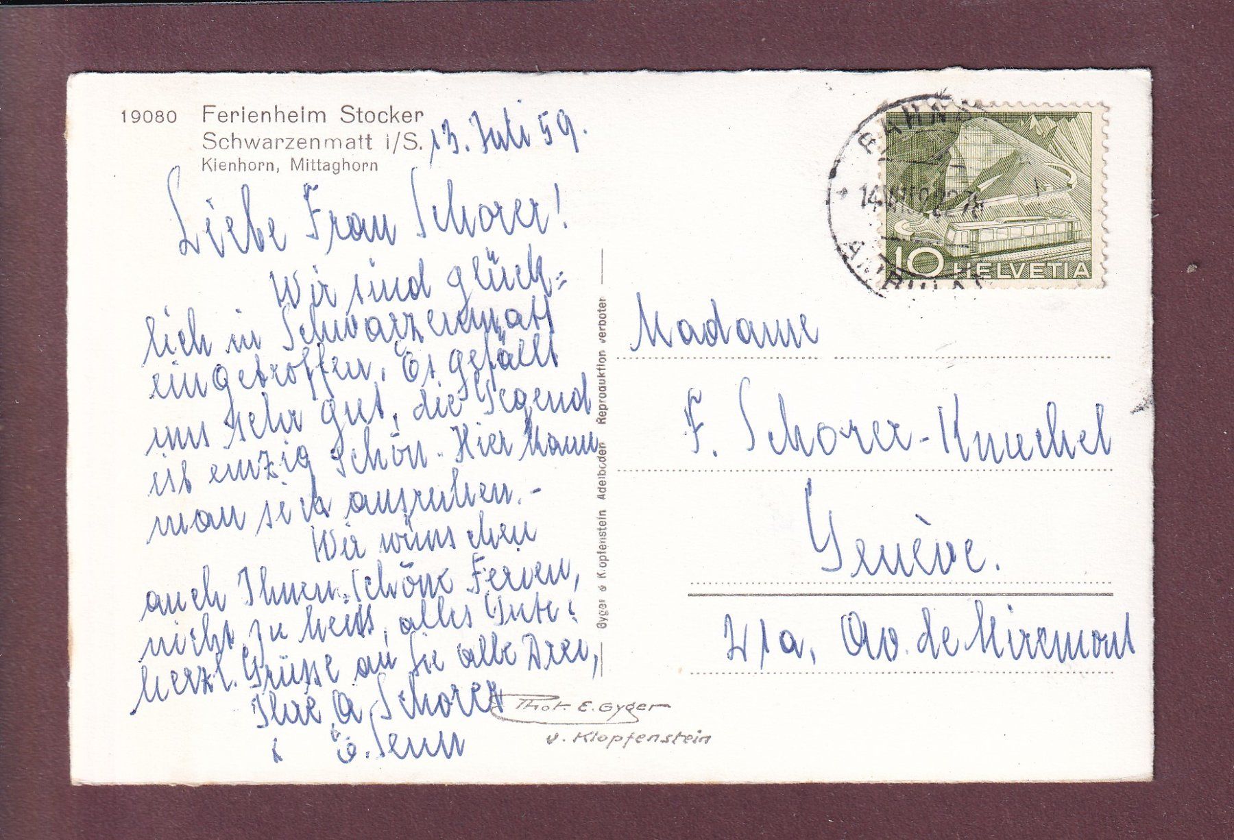 Cartes postales: SCHWARZENMATT - Ferienheim Stocker - 1959 – D'occasion à Pully par nicecards 1